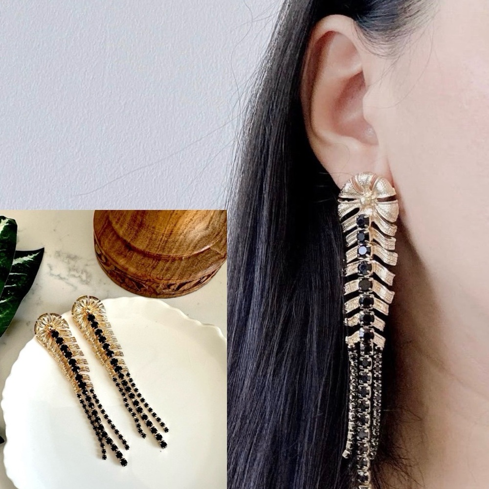 2/$30🌵 Gold Black Rhinestone Long Leaf Earrings Zara Feather Bohemian Gift NEW
